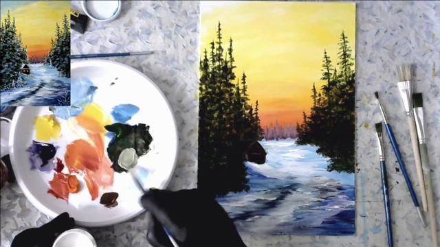 Художники от слова ХОРОШО! Зимний пейзаж # 1. Акрил. Winter landscape # 1. Acrylic. смотреть онлайн