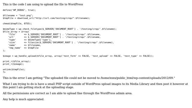 Wordpress: wp_handle_upload - The uploaded file could not be moved to wp-content/uploads/2012/09 смотреть онлайн