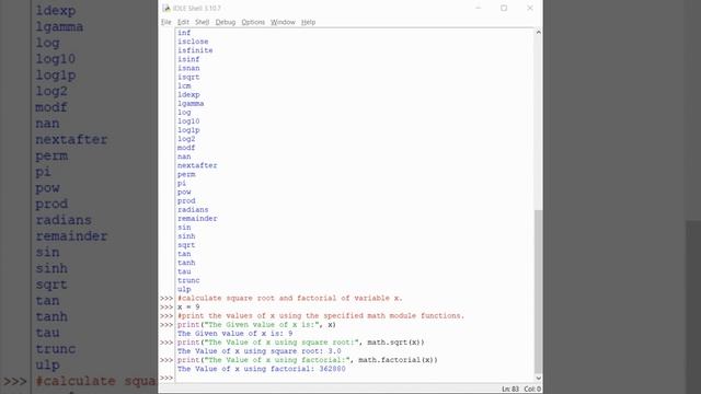 All functions in the Python math module. Use the sq root, factorial, radians, sin, & cos functions. смотреть онлайн