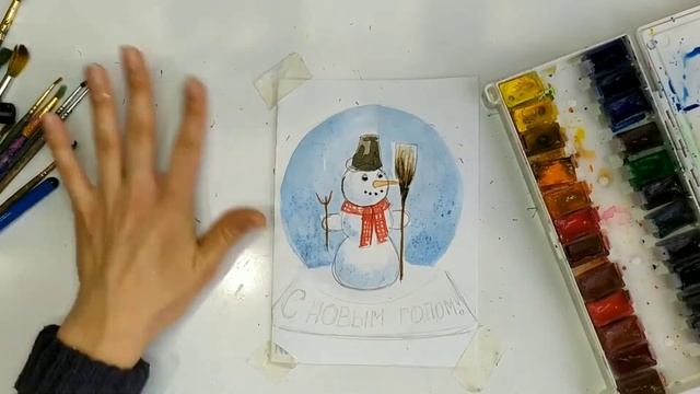 Новогодний рисунок, рисуем снеговика красками смотреть онлайн
