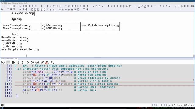 Perl Weekly Challenge, Week 62 - Solution in APL (Sort Email Addresses) смотреть онлайн