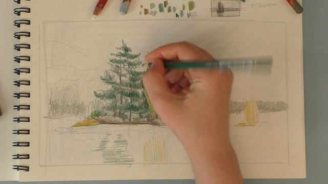 Рисуем пейзаж цветными карандашами.