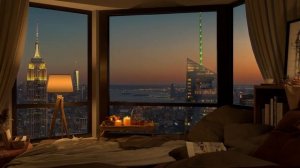 New York City Views Night in Cozy Apartment with Jazz Music for Relax and Study