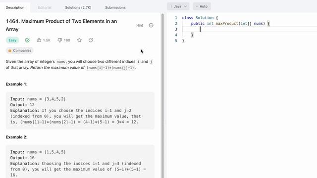 Leetcode | 1464. Maximum Product of Two Elements in an Array | Easy | Java Solution смотреть онлайн