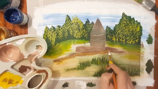 Как легко нарисовать мельницу. Рисуем мельницу гуашью. Рисуем пейзаж поэтапно. смотреть онлайн