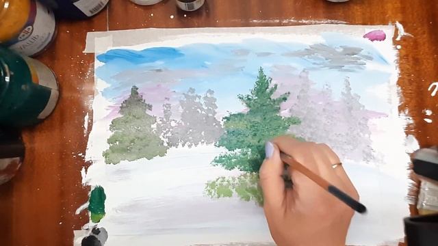 Как нарисовать зимний лес. Как нарисовать елку легко. Как нарисовать зимний пейзаж. Зима гуашью. смотреть онлайн