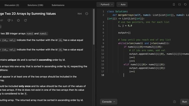 2570. Merge Two 2D Arrays by Summing Values | Leetcode | Python смотреть онлайн