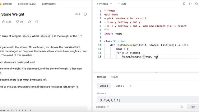 Last Stone Weight - Leetcode 1046 - Heap - Python смотреть онлайн