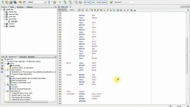 Асинхронный прием данных RxD для микроконтроллера PIC16F628A смотреть онлайн