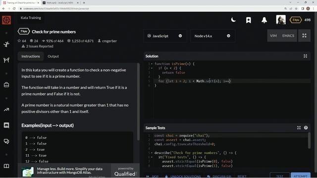 Codewars 7 kyu Check for Prime Numbers JavaScript смотреть онлайн