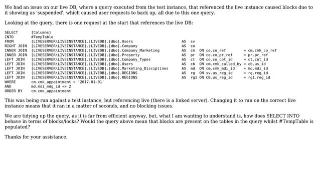 Databases: Locking on database from SELECT INTO #TempTable смотреть онлайн