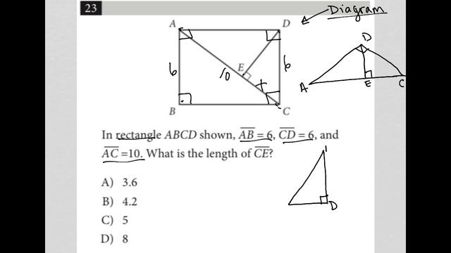 In rectangle ABCD shown, AB = 6, CD = 6, and AC = 10. What is the length of CE? смотреть онлайн