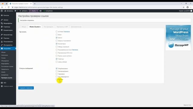 Настройка плагина Broken Link Checker