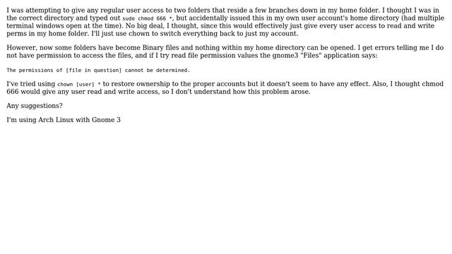 Unix & Linux: Issued chmod 666 \* in home directory, permissions problems resulted with all files смотреть онлайн
