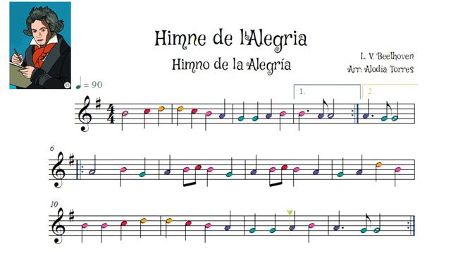 Himno de la Alegría - Himne de l'Alegria. Partitura para flauta dulce con notas y base instrumenta смотреть онлайн