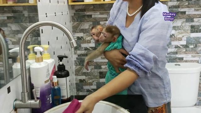 After have a bath, Mum showing her both kids for watching their own in the mirror | Monkey Benjo смотреть онлайн