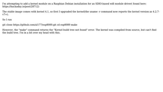 Installing ESP8266 SDIO driver; "make" command gives "Kernel build tree not found" error смотреть онлайн