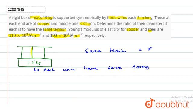 A rigid bar of mass 15 kg is supported symmetrically by three wires each 2 m long. Those at each en смотреть онлайн