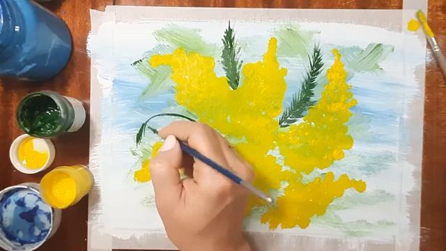 Как легко нарисовать веточку мимозы, гуашью. Легко рисуем цветы. Первые цветы красками. смотреть онлайн