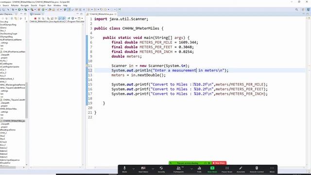 Java, ch4, use scanner to input a measurement in meters, convert it to miles, feet and inches смотреть онлайн