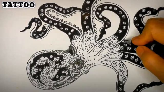 TATTOO OCTOPUS. Tattoo Design. Black and White. Squid,Cuttlefish.кальмар, осьминог, каракатица смотреть онлайн