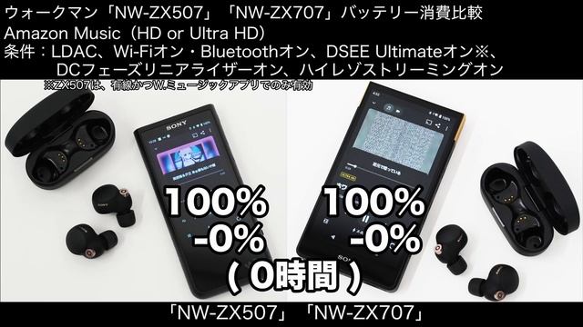 ウォークマンNW-ZX707とNW-ZX507のバッテリー消費比較ワイヤレス高音質再生の高負荷