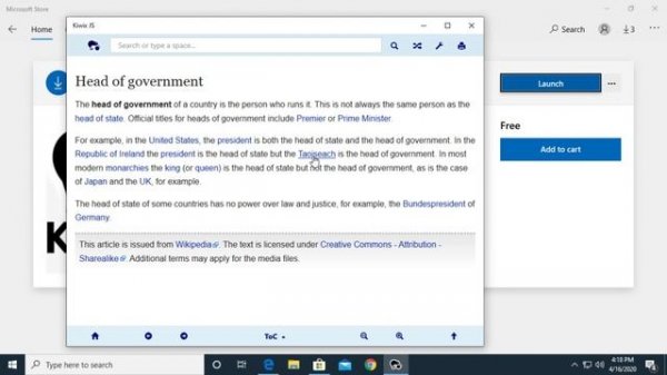 Offline Wikipedia using Kiwix Reader for Windows 10