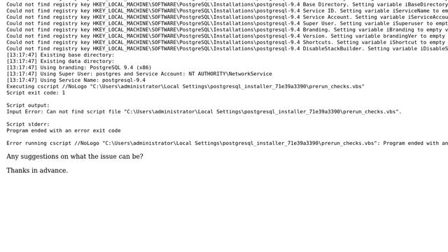 Can not find script file prerun_checks.vbs when installing postgresql 9.4.4 on Windows x64 смотреть онлайн