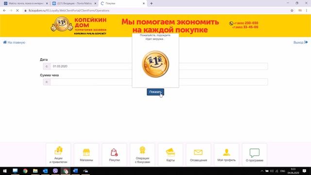 Просмотр баллов и истории покупок на сайте Копейкин Дом смотреть онлайн