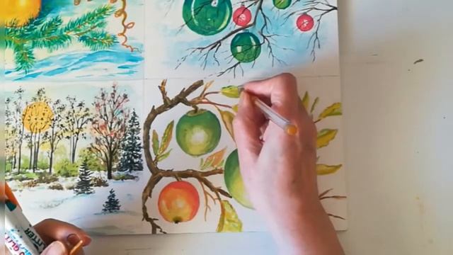 Einfache Weihnachtsbilder malen. Aquarell. Рисовать простые рождественские рисунки. смотреть онлайн