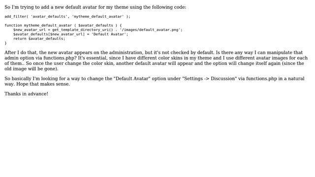 Wordpress: Change the "Default Avatar" admin option via functions.php смотреть онлайн