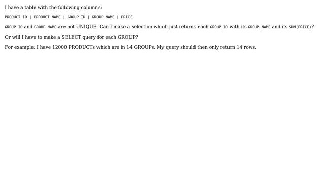 Databases: SQL SUM of different product groups in one query? смотреть онлайн