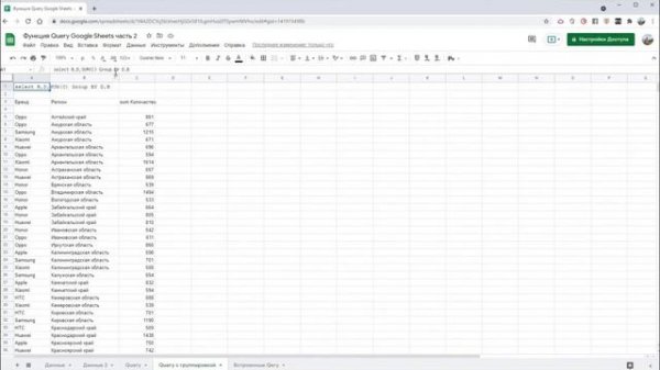 Query Google Sheets получение данных из разных диапазонов, группировка и формулы, встроенные Query