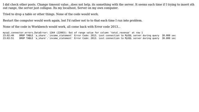 Databases: MySQL - Error code 2013. Lost connection to MySQL server during query смотреть онлайн