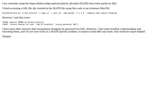 DLATK: Resolving (1045, "Access denied for user 'root'@'localhost' (using password: NO)") смотреть онлайн