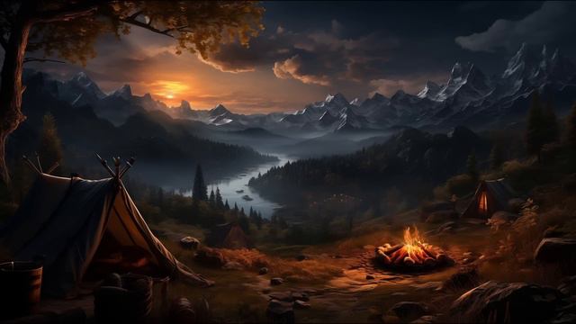 Resting by Campfire Ambience and Music | calm fantasy music with night and fire ambient sounds