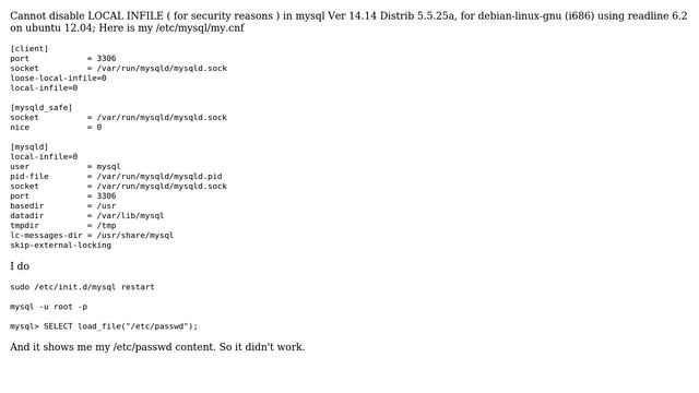 DevOps & SysAdmins: How to disable LOCAL INFILE in MySql 5.5 Ubuntu 12.04? смотреть онлайн