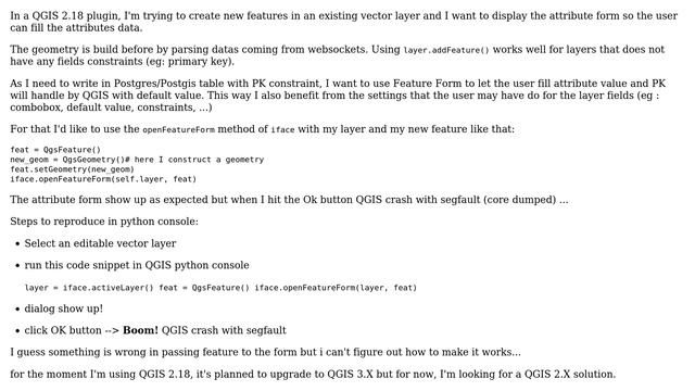 GIS: Adding new feature in QgsVectorLayer with openFeatureForm leads to segfault? смотреть онлайн