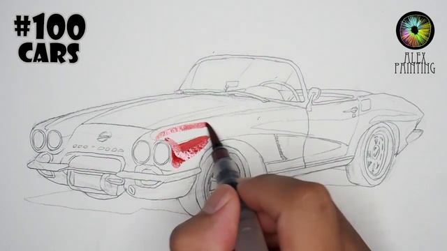 100 cars draw | NO.17 | Watercolor | Painting process | 1962 CHEVROLET CORVETTE CONVERTIBLE смотреть онлайн
