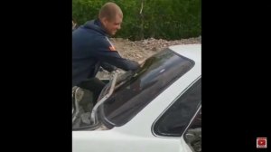 Мужик разбивает стекла машин головой