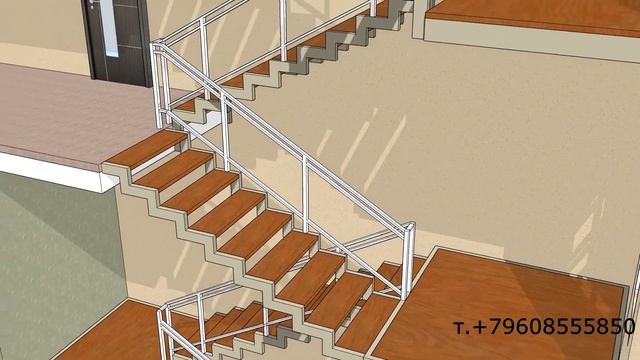 Проект лестницы на ломаном косоуре с цоколя до второго этажа. смотреть онлайн