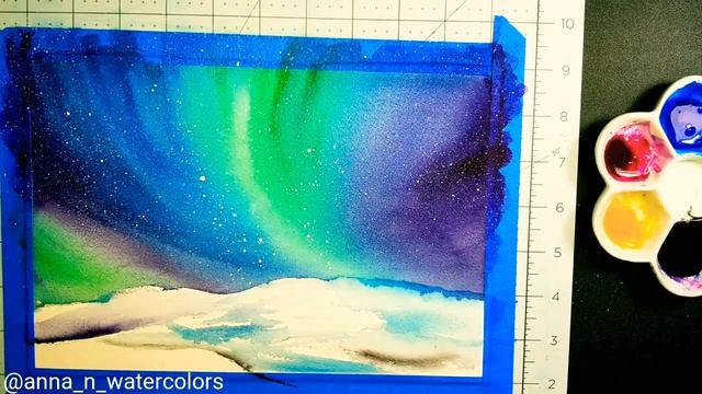 Winter Landscape Northern Lights Watercolor Painting смотреть онлайн