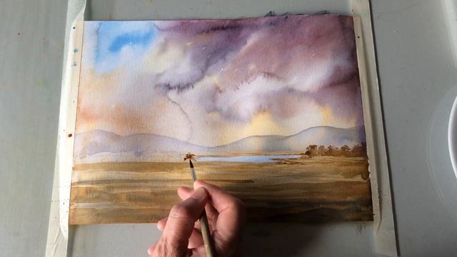 Рисуем пейзаж, деревья, горы, небо акварелью. Ускоренное видео. смотреть онлайн