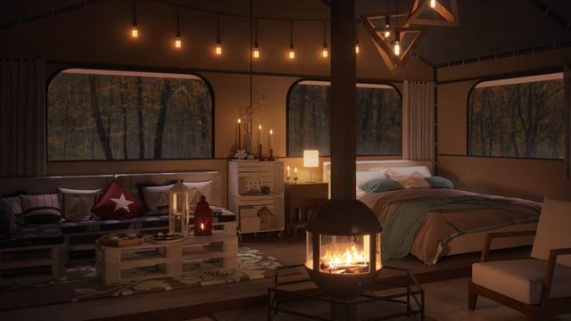 Luxurious Camping In Autumn Forest On A Rainy Day