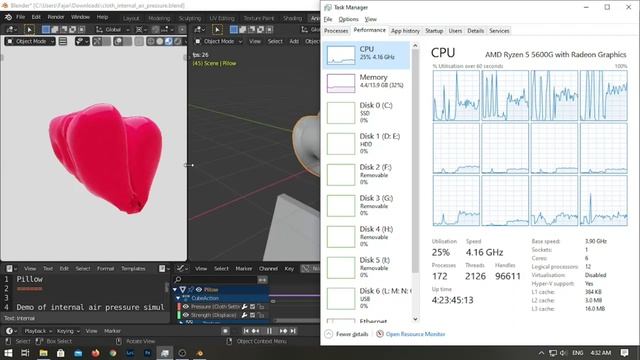 AMD Ryzen 5 5600g + Vega 7, RAM 16 GB Blender 3D Physics Tubuh Lunak "Internal Air Pressure" смотреть онлайн