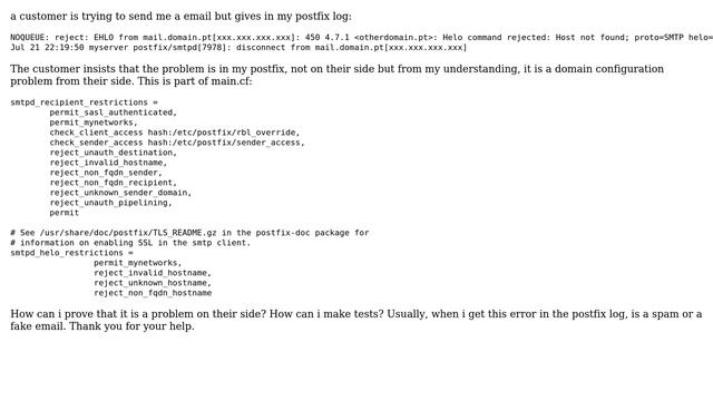 Postfix - how to prove the error 450 4.7.1 ＜domain.com＞: Helo command rejected: Host not found; смотреть онлайн