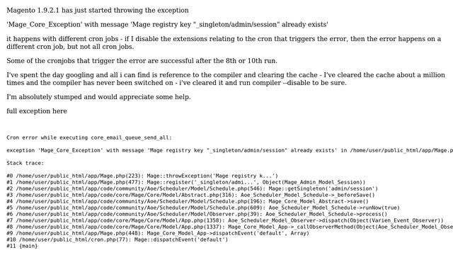 cron has started throwing and exception 'Mage_Core_Exception' with message 'Mage registry key... смотреть онлайн