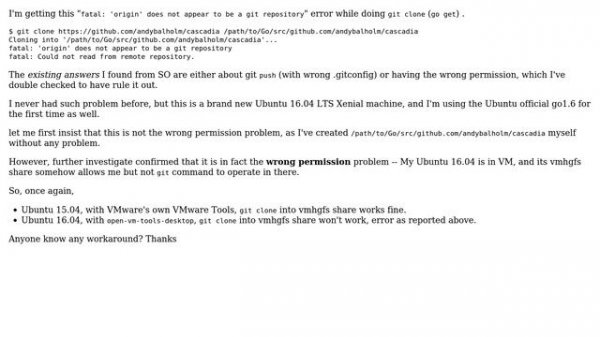 git clone fatal: 'origin' does not appear to be a git repository for VMware vmhgfs share