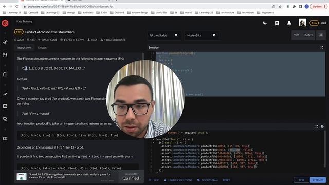 Codewars JavaScript, решние задачи Product of consecutive Fib numbers смотреть онлайн