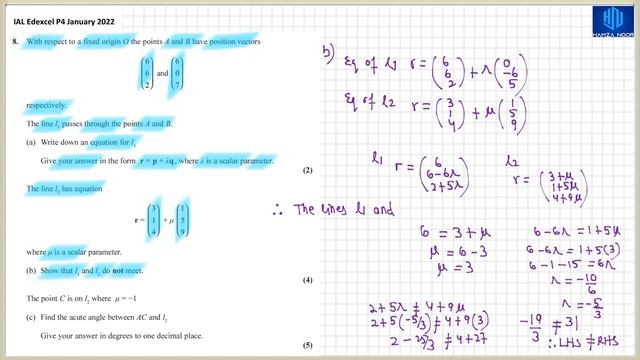 IAL Edexcel P4 January 2022 Q8 | Vectors | A level Maths | Hamza Noor смотреть онлайн